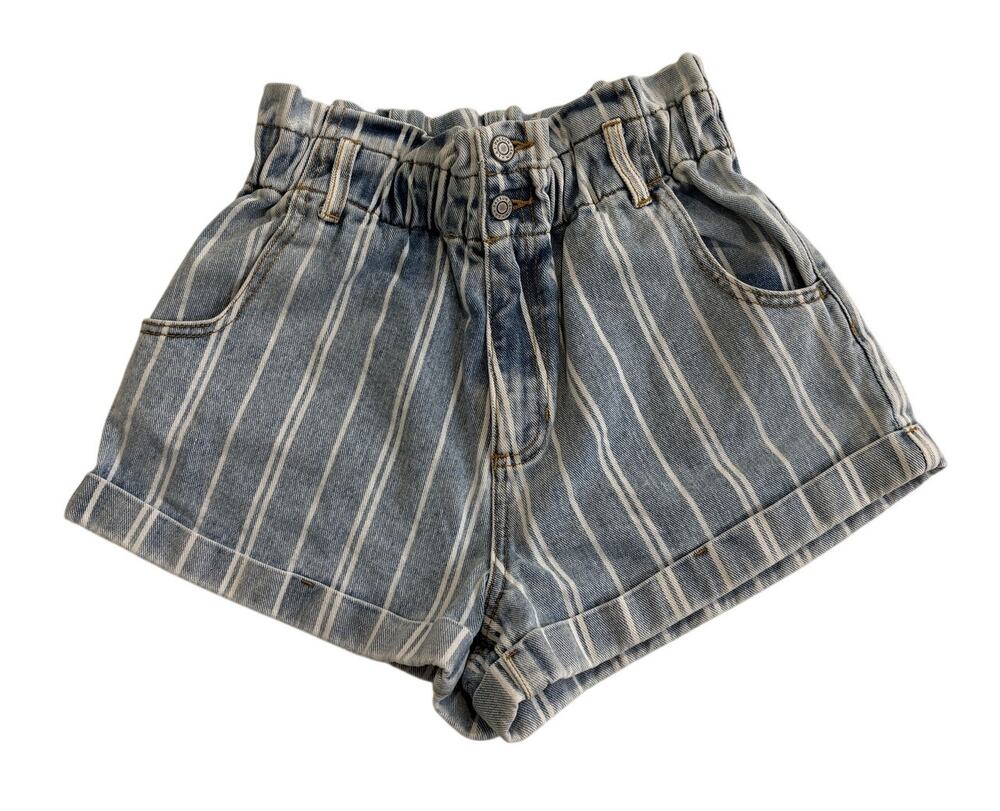 PacSun Mom Shorts Womens Medium Blue Striped Denim Paperbag Waist Ruffle Casual